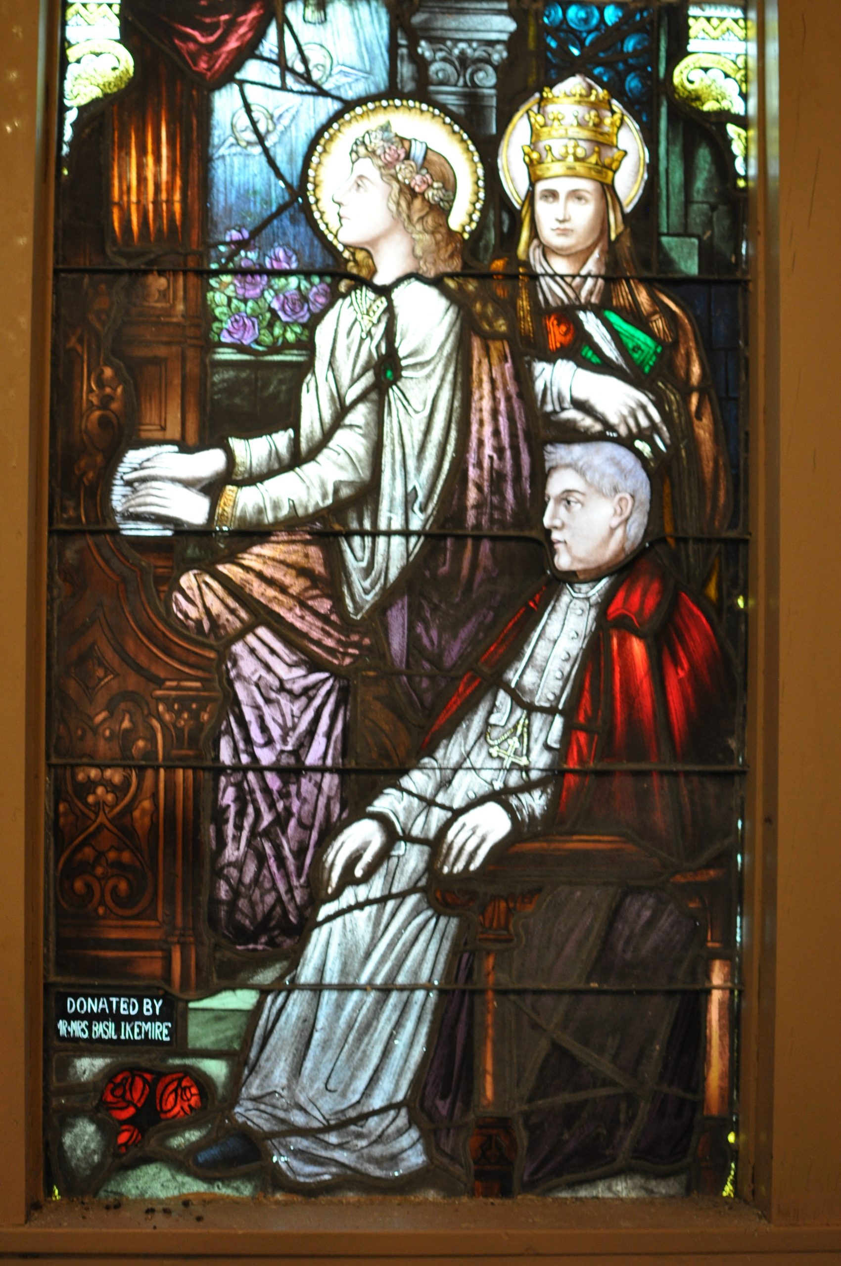 Stained Glass Window of St Pius X, St Gregory the Great, and St