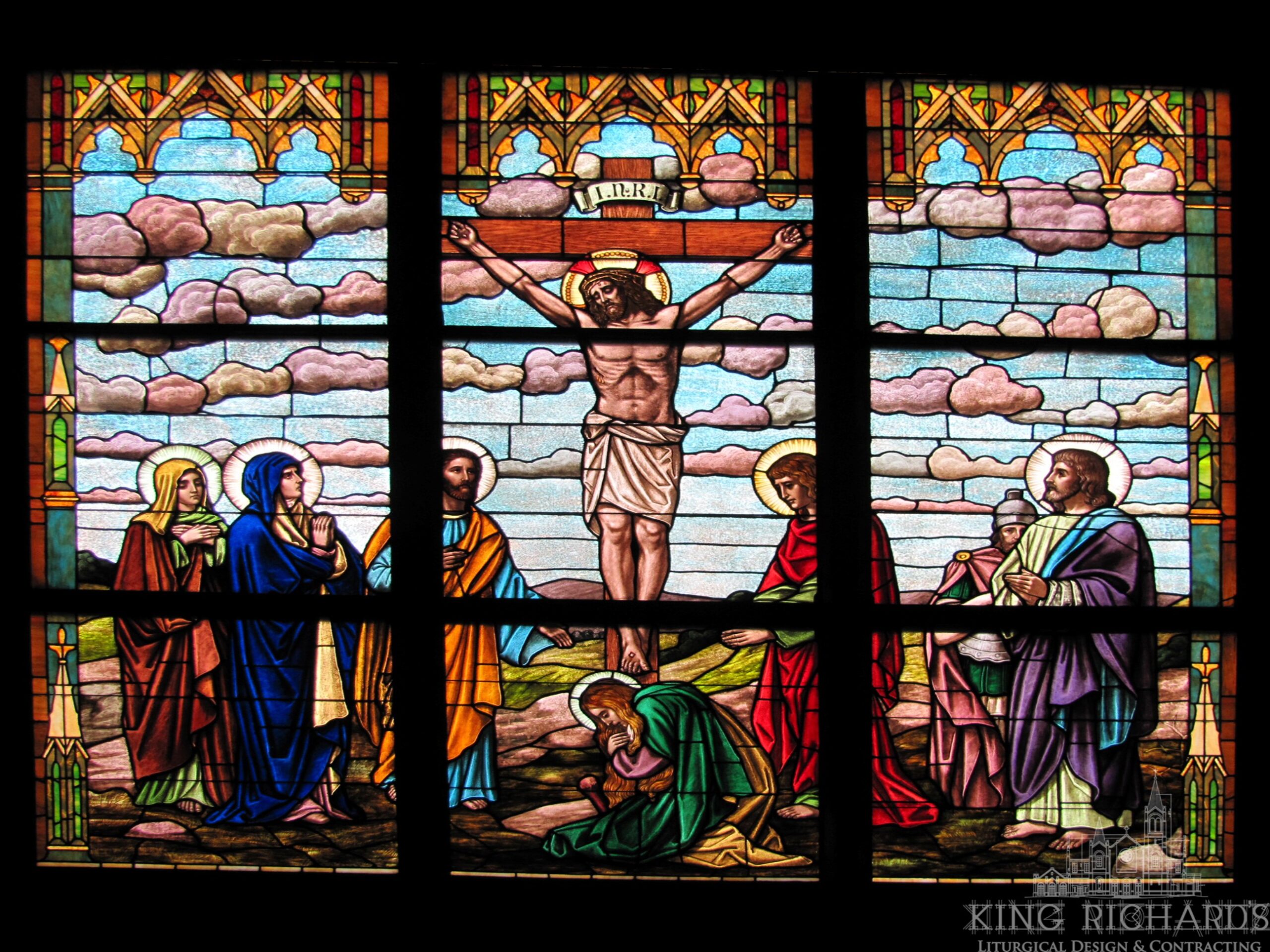 Antique Crucifixion Large Transept Stained Glass Windows